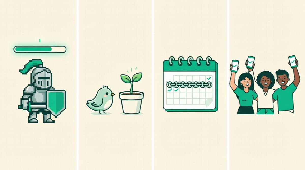 Four panels: a pixel knight with a progress bar, a small bird beside a sprouting plant, a calendar with a chain of linked rings across checked days, and three friends cheering with phones raised