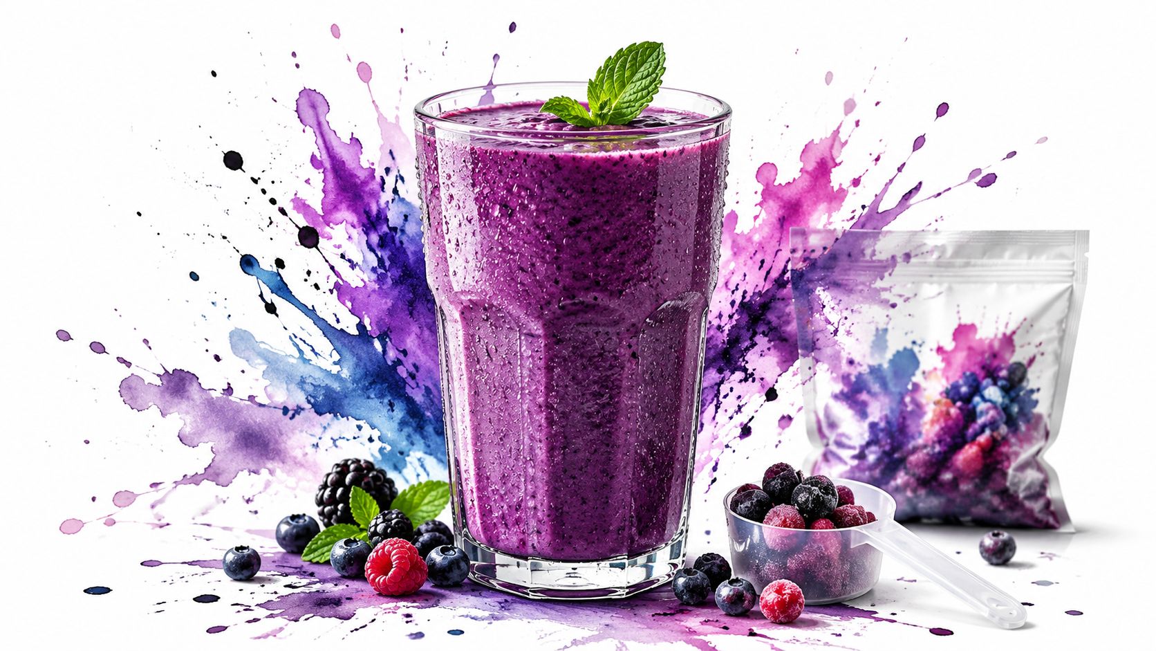A refreshing purple smoothie in a glass with berries, mint, and colorful watercolor splashes on white background.