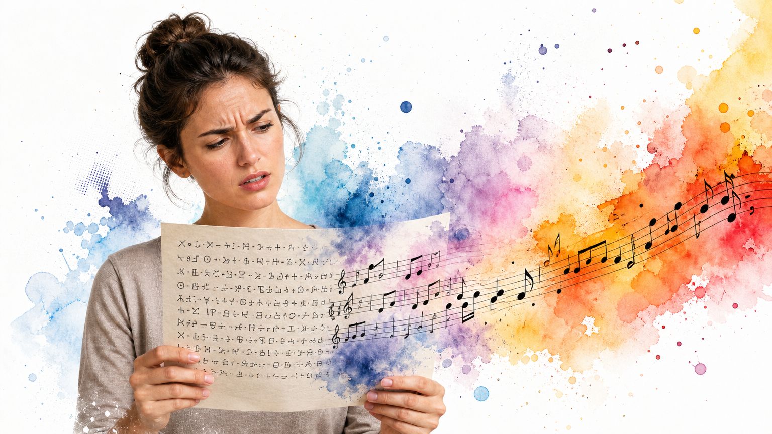 A confused young woman holding a piece of paper with abstract musical notation and watercolor effects.