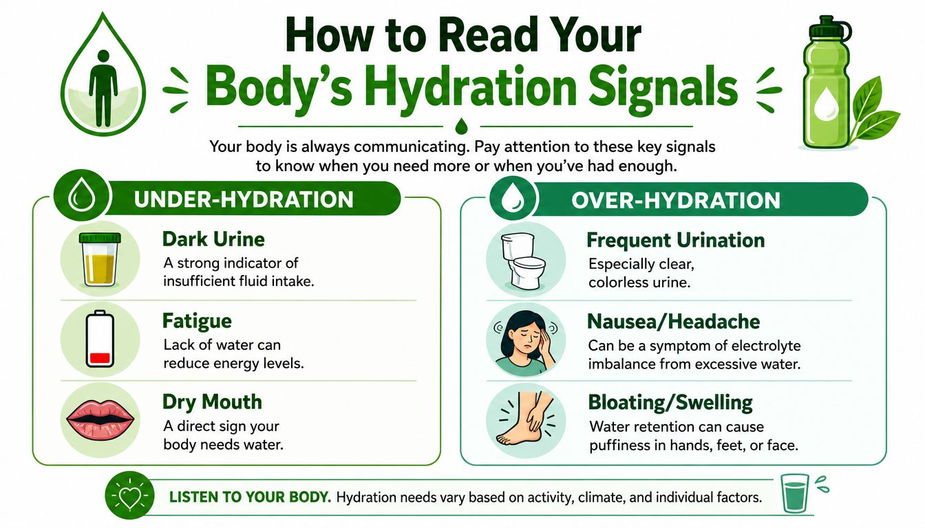 An infographic showing symptoms of under-hydration and over-hydration to help you read your body's hydration signals.