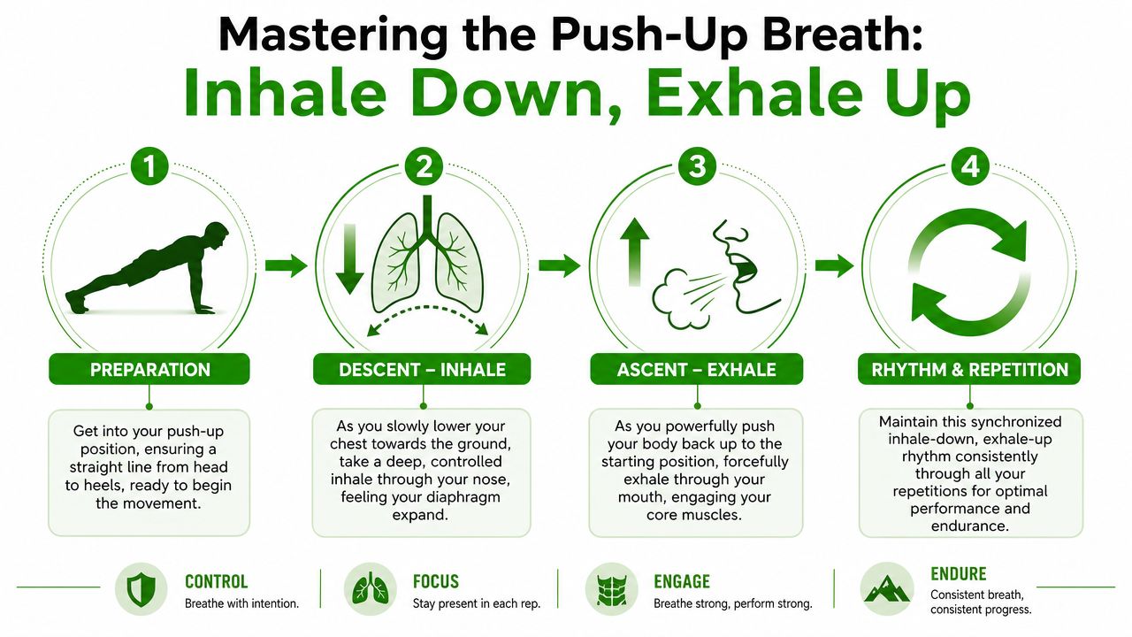 A four-step instructional guide on mastering proper breathing techniques, inhaling while descending and exhaling while performing push-ups.