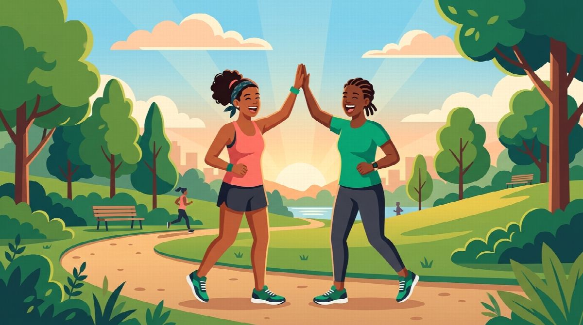 Two friends celebrating with a high five after finishing a morning run