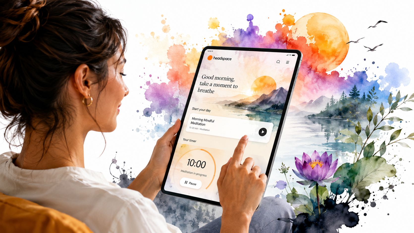 A woman using the Headspace meditation app on a digital tablet to start her morning mindfulness practice.
