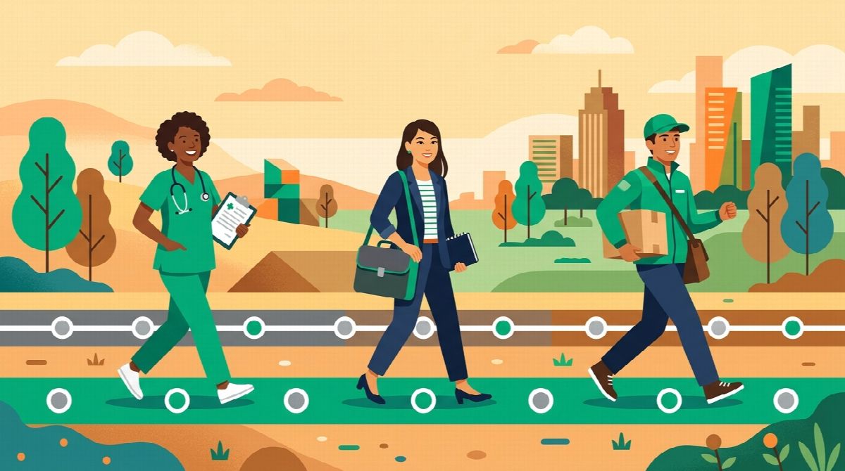 Three coworkers with very different jobs, a nurse, a desk worker, and a delivery driver, each walking their own route with equal-sized progress markers