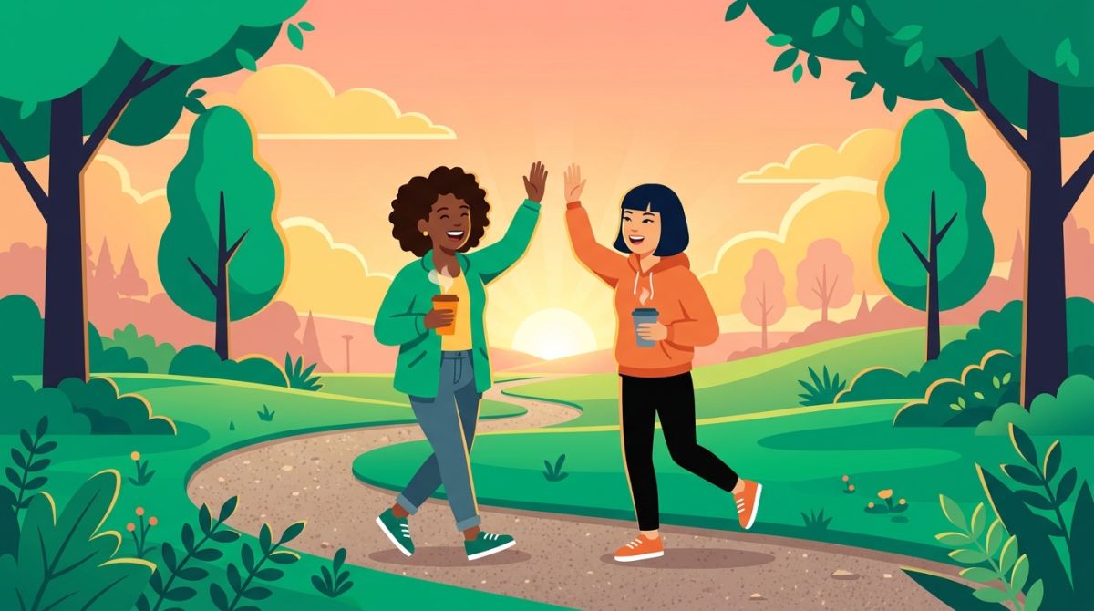 Flat illustration of two friends walking together at sunrise, celebrating an early morning win