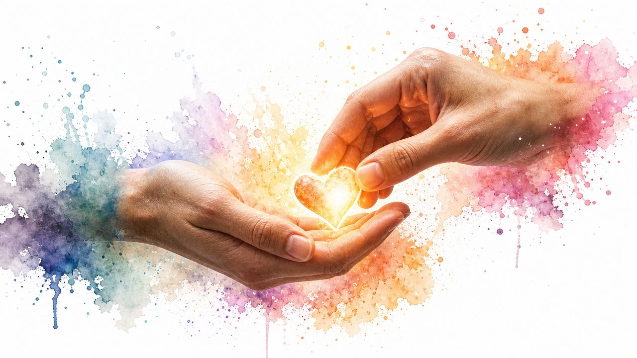 Two hands gently holding a glowing heart against a colorful, artistic watercolor background symbolizing love and support.