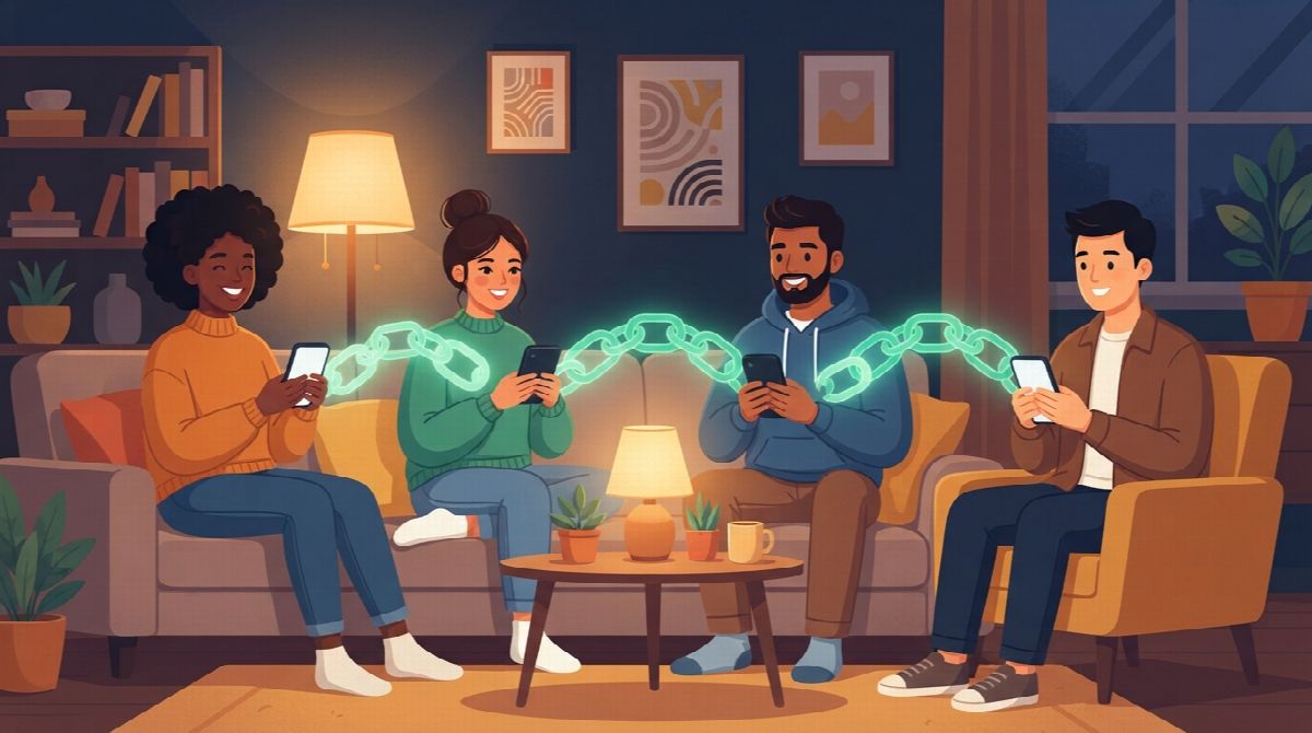 Illustration of four friends in a living room each holding a phone, connected by a soft glowing chain of links