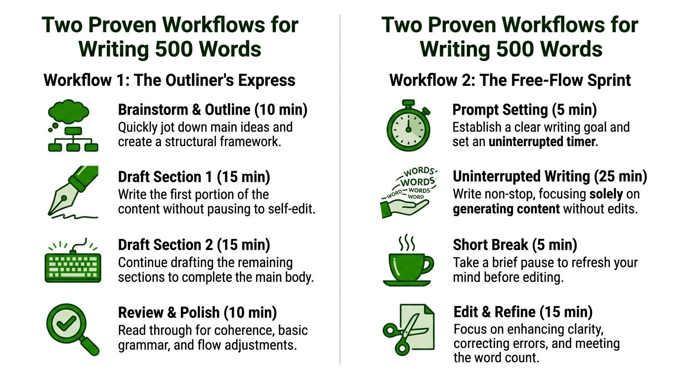 A graphic showing two effective time-management workflows for writing a 500-word piece of content.