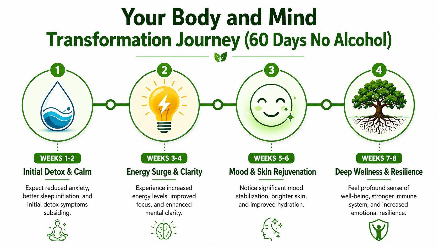 A 60 day no alcohol transformation roadmap showing health improvements in four stages for body and mind.