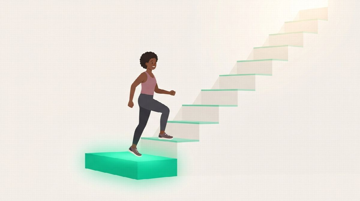 A low, wide glowing first step at the bottom of a staircase, with a person in workout clothes stepping onto it easily