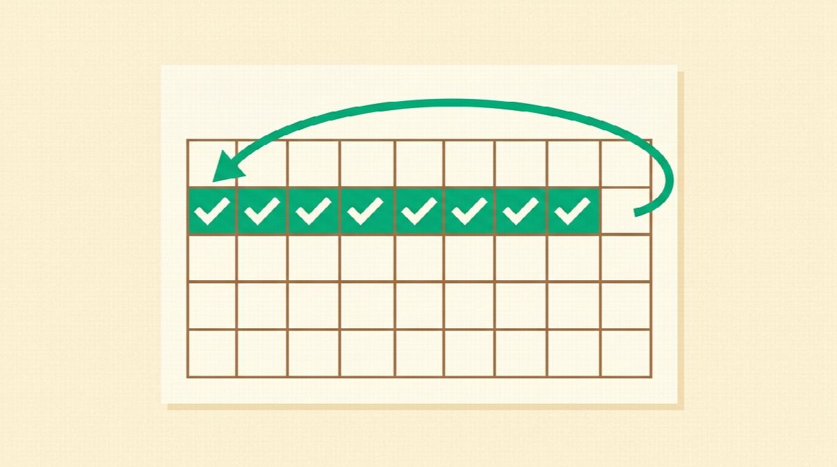 Illustration of a habit calendar with a long chain of completed days and one missed day resetting the count to zero