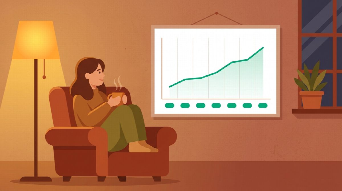 A calm weekly review: person looking at a simple upward habit trend chart with a warm drink
