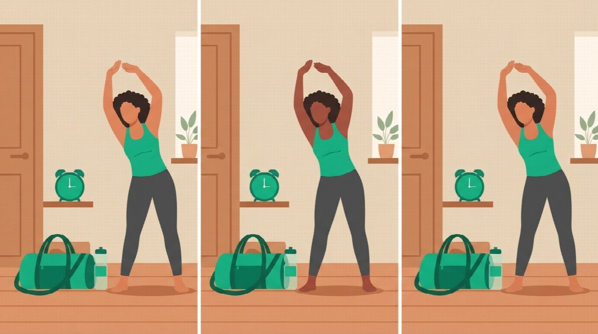 Three near-identical panels of the same person stretching in the same spot at the same time of morning, gym bag and water bottle by the door in each