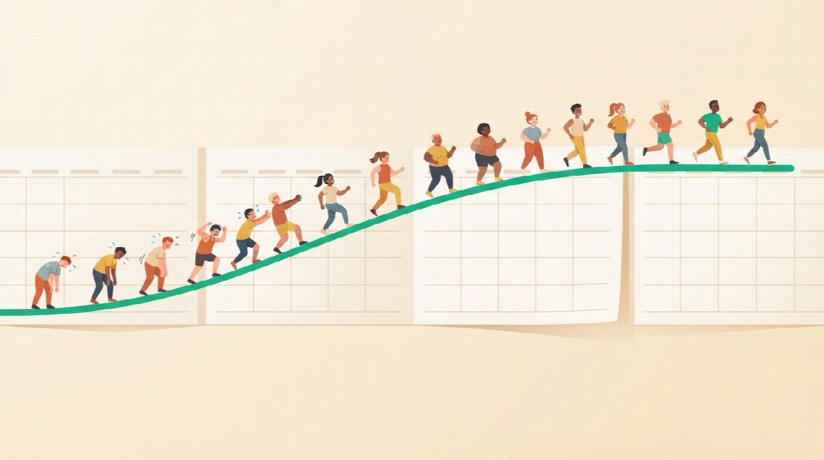 Illustration of a rising curve across a strip of calendar pages, with small figures exercising who look strained at the start and relaxed where the curve flattens